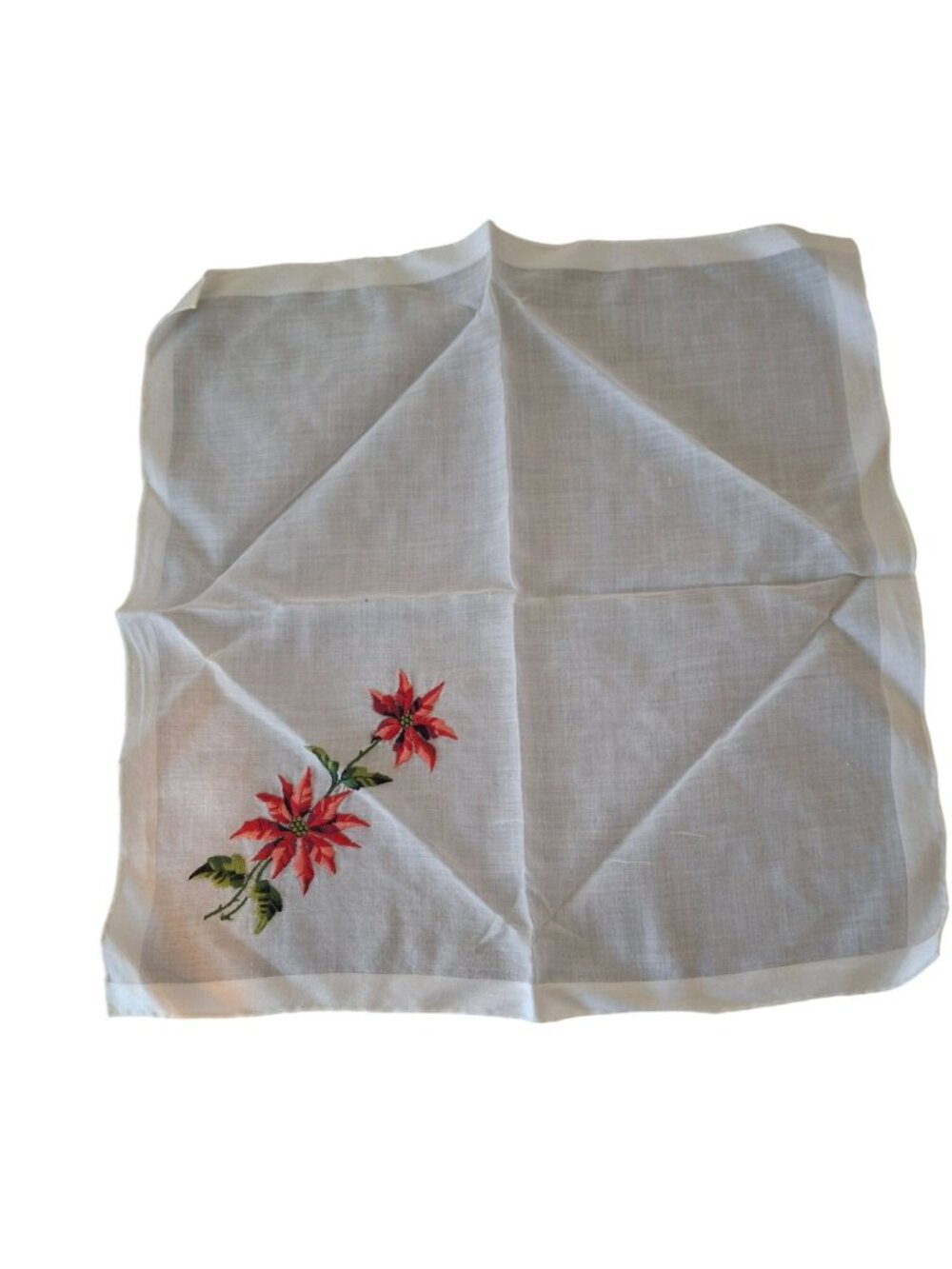 Vintage Embroidered Poinsettia Handkerchief Linen Christmas Cottagecore Decor